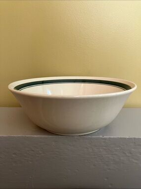 Vintage Stoneware Cream Serving Bowl with Green and Blue Band